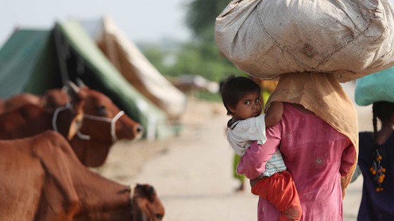 Mamma och barn på flykt undan torka i Namibia.
