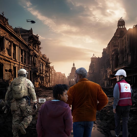 Militär, civila och volontär på en bombad gata