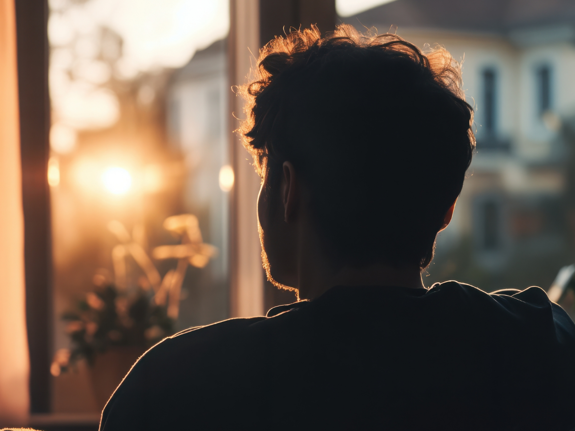 Man i sorg sitter och kollar ut genom fönster