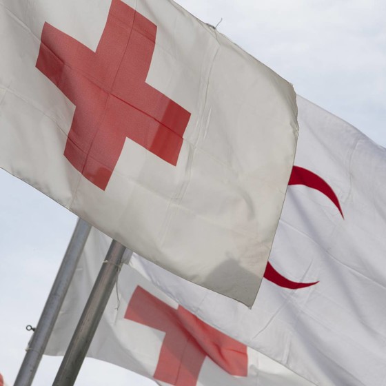Flaggor med Röda Korset och Röda Halvmånens emblem.