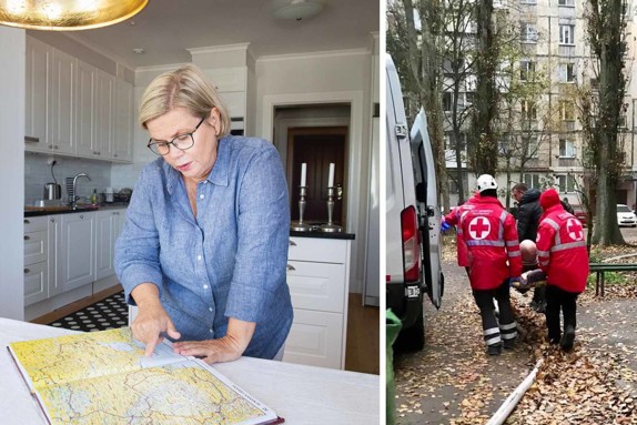 Karin Levenby Bovy tittar på en karta över Ukraina. Sjukvårdare i Ukraina jobbar.