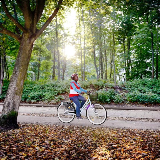Kvinna cyklar på skogsväg