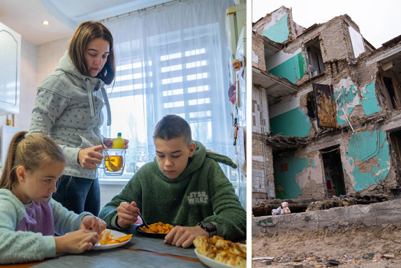 Kvinna i Ukraina och bilder från explosion i Ukraina.