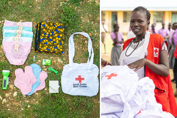 Till vänster: Röda Korsets menspaket. Till höger: Esther Sevilla som utbildar barn och unga om mens.