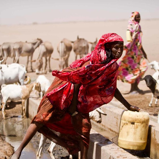 Rödklädd kvinna hämtar vatten vid torka i Kenya