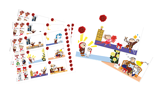 Fem ark med julklappsetiketter