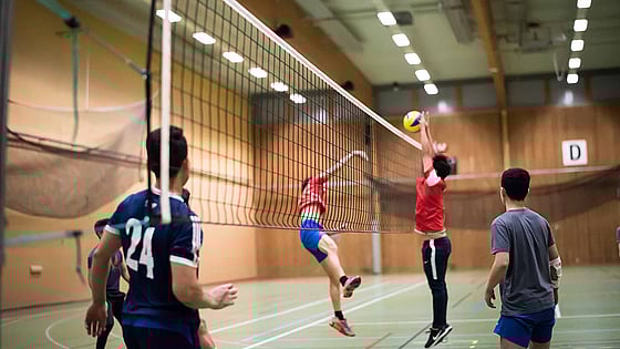 Ensamkommande pojkar spelar volleyboll