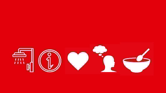 röd bakgrund och vita symboler för dusch, information, ett hjärta, en person som funderar, mat 