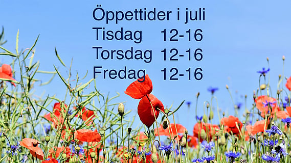 Öppettider i juli. Måndag, Tisdag och Torsdag kl 12-16