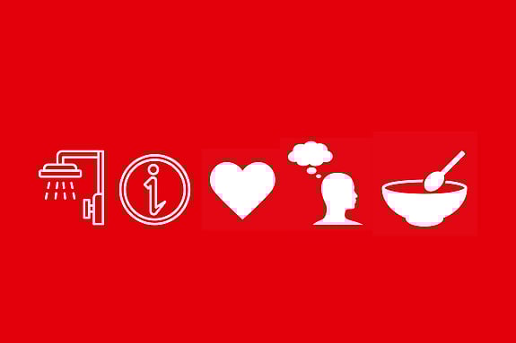 röd bakgrund och vita symboler för dusch, information, ett hjärta, en person som funderar, mat 