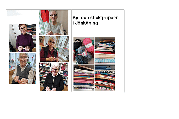 Kollage: Ett antal kvinnor på fem olika bilder och bilder på tyg, garn mm