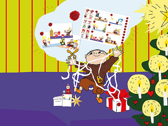 Alfons Åberg pyntar en julgran, julklappar och presentsnören samt julklappsetiketter ligger runtom honom.