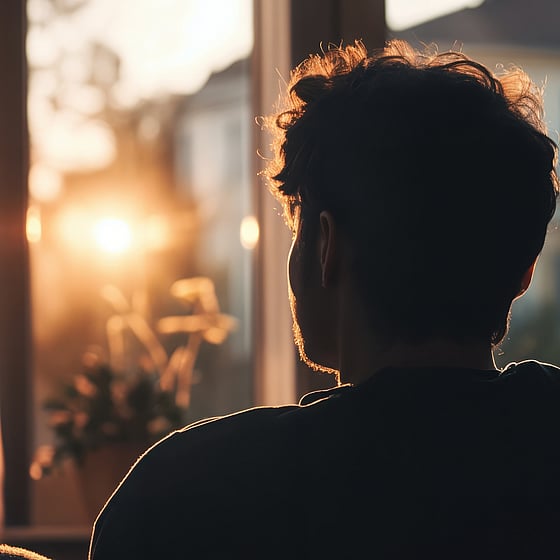 Man i sorg sitter och kollar ut genom fönstret mot solen