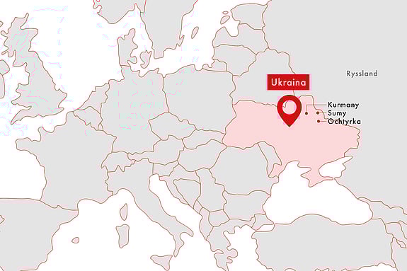 Europakarta, städerna Kurmany, Ochtyrka och Sumy är markerade.
