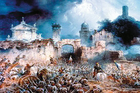 En målning av slaget vid Solferino, soldater och hästar i strid på ett slagfält.