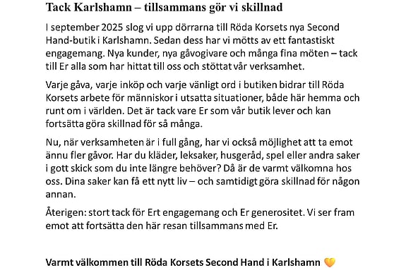 En hälsning från Karlshamns Rödakorskrets