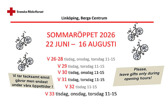 Röda Korset Linköping Berga Centrum – Sommaröppet 2026 från 22 juni till 16 augusti med varierande öppettider för veckorna 26 till 33.
