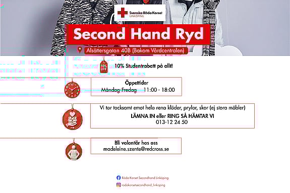  Secondhandbutik/Mötesplats i Ryd är nu öppet. 10% studentrabatt på allt 