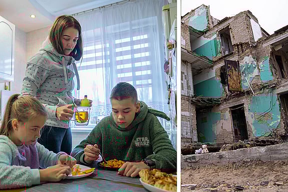 Kvinna i Ukraina och bilder från explosion i Ukraina.