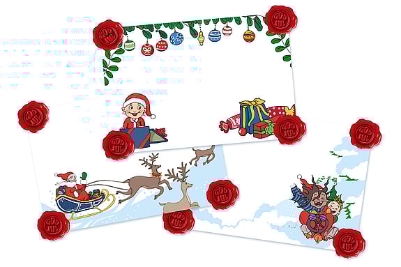 Tre julklappsetiketter med 2025 års motiv, illustrerade av Louise Edlund Winblad