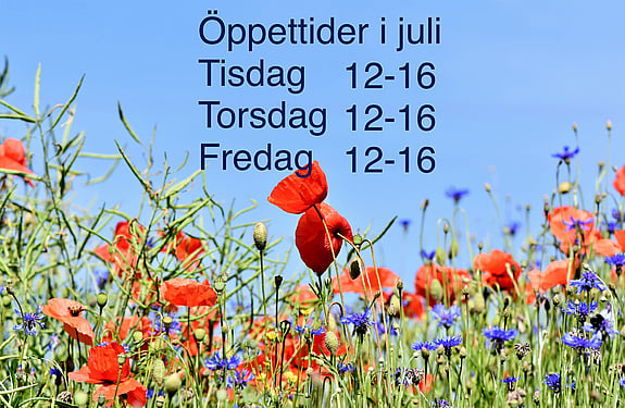 Öppettider i juli. Måndag, Tisdag och Torsdag kl 12-16