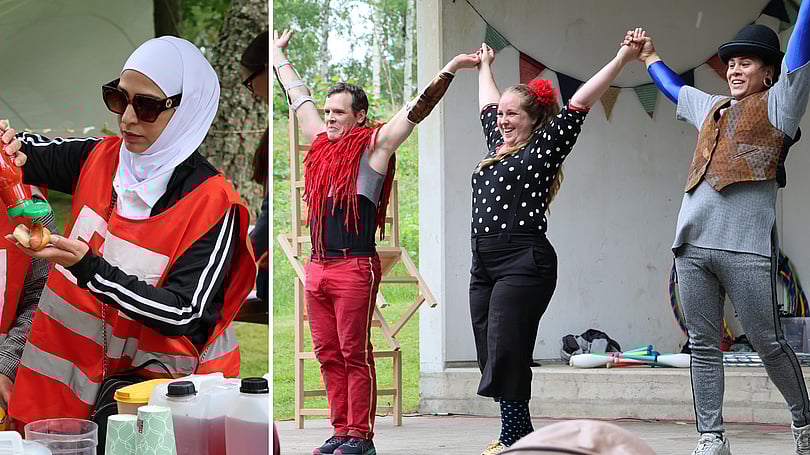 Artisterna Anneli De Wahl, Elof Wendt, Carlos Lopez och en frivillig som delar ut korv