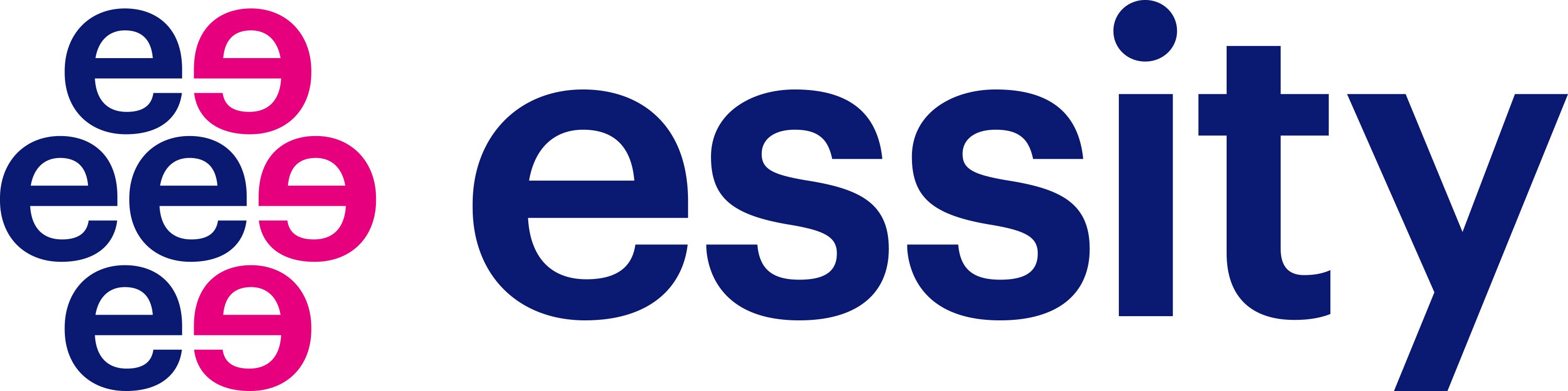 Essitys logotyp i blått och rosa på vit bakgrund
