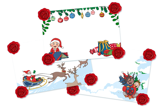 Tre julklappsetiketter med 2025 års motiv, illustrerade av Louise Edlund Winblad